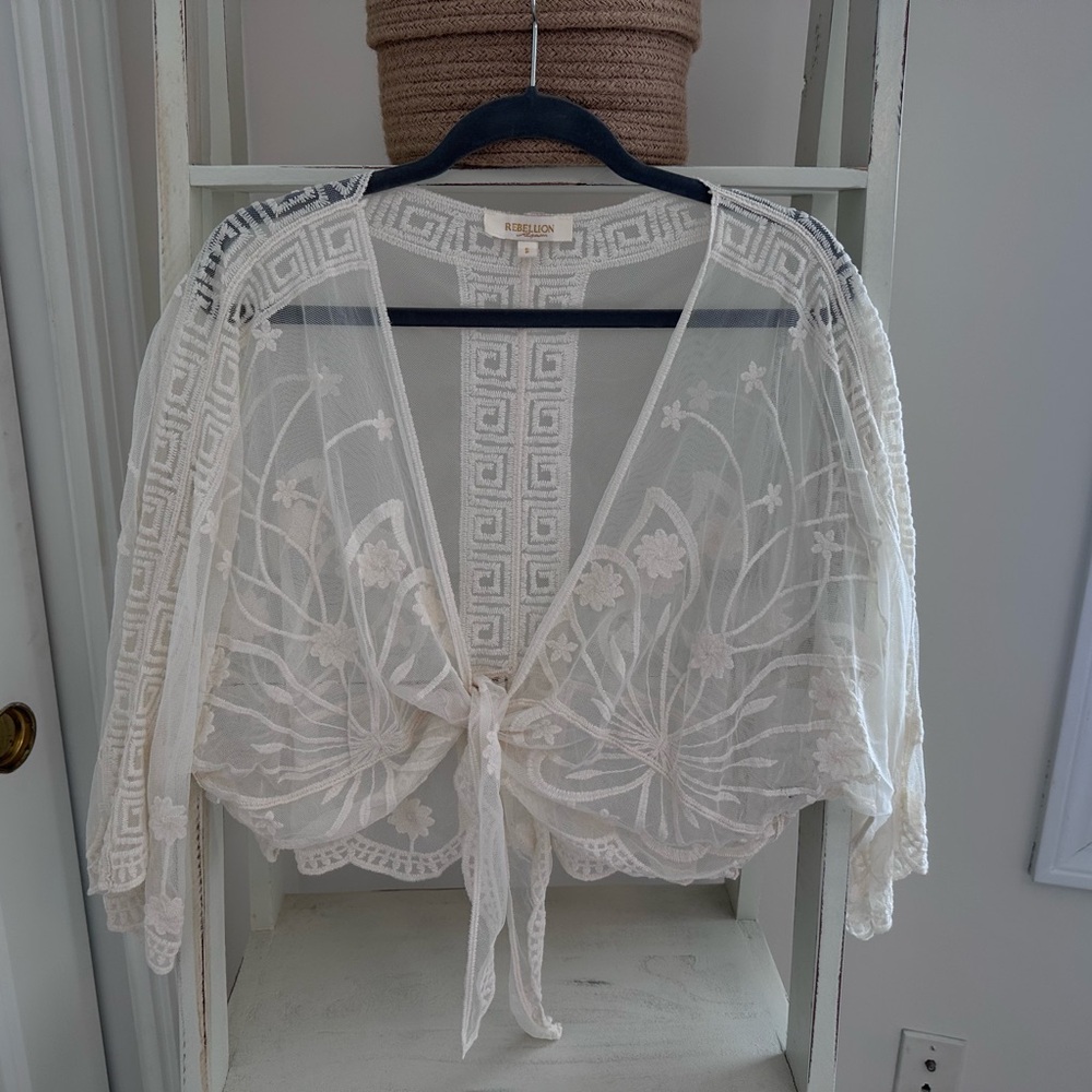Rebellion Cream Sheer Embroidered Cardigan Size Small